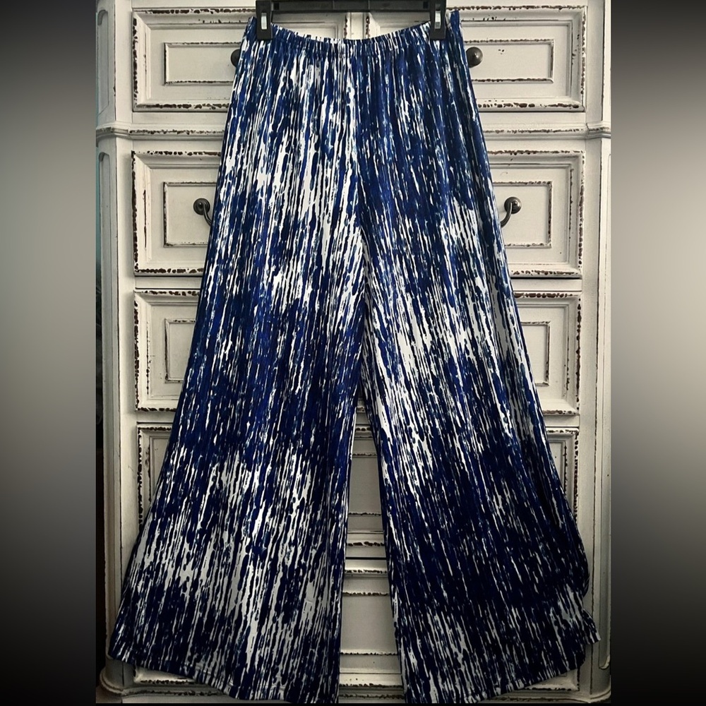 Zach & Rachel blue & white stretch pull on wide leg casual pants size M